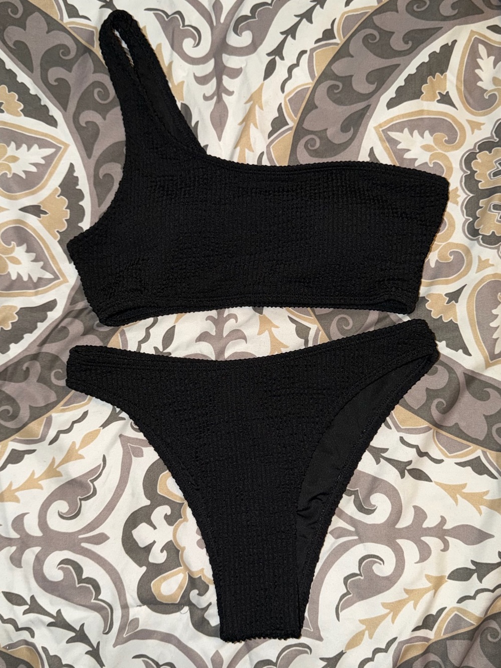 Black One-Shoulder Smocked Bikini Set